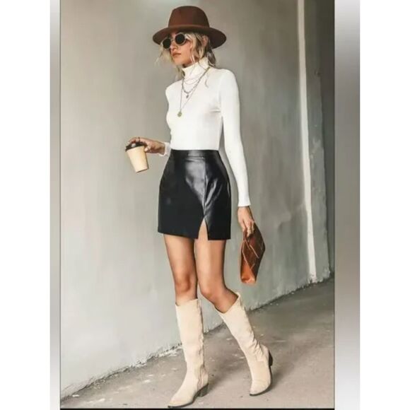 130 Black Faux Leather Mini with Front Slit Sleek High Waist Skirt - Picture 1 of 5